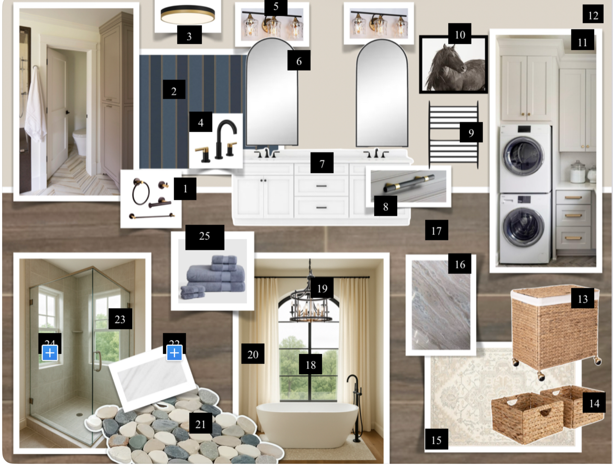 Interior design mood board with different home bathroom decor elements including a framed bathroom, a shower with pebble stones, a bathtub by the window, various bathroom fixtures, mirrors, washing machines, and storage baskets.