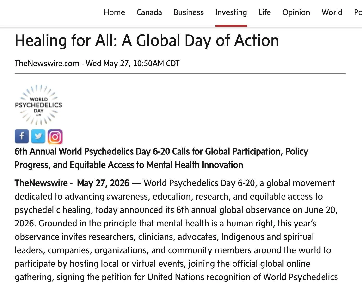 Our 6th annual global observance is officially announced!

Read the full press release: https://www.theglobeandmail.com/investing/markets/markets-news/TheNewswire.com/2155586/healing-for-all-a-global-day-of-action

#wpd620 #worldpsychedelicsday620