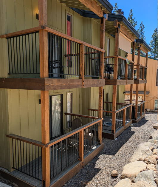 wooden balconies rebuilt on a multi-level building in kings beach by eagle bear construction meeting local building codes