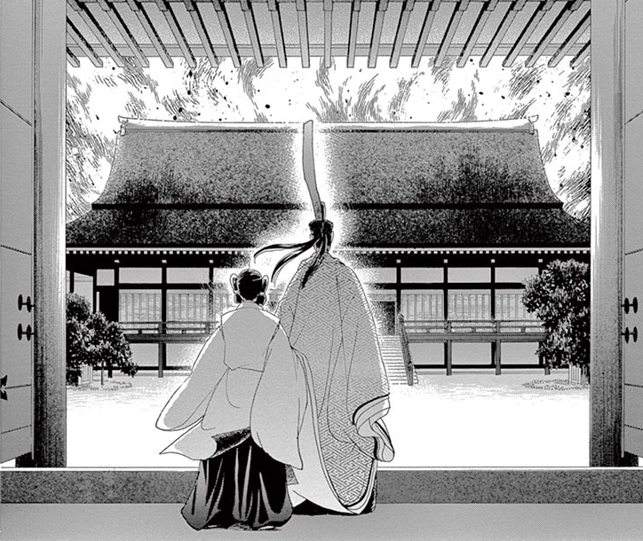 The Emperor and an attendant stand at a gate and watch fire approach the Shishinden