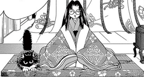 Manga depiction of Saito in Heian period clothes with her cat