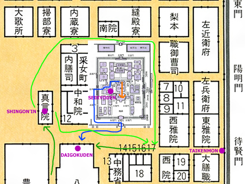 Edited plan of the inner palace and surrounding area with indications of the routes taken by Sara and Suiren