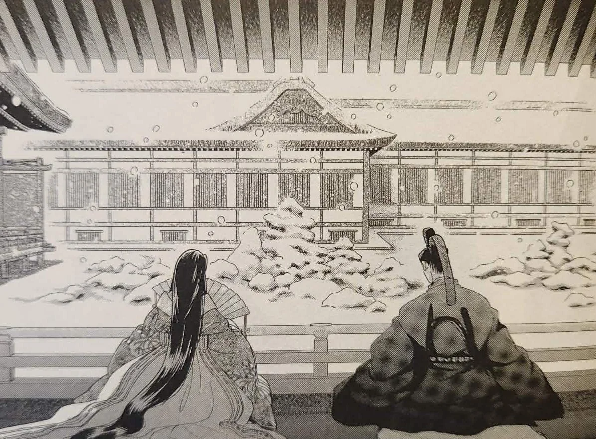 Sara and Suiren shown from behind sitting in front of a snowy garden