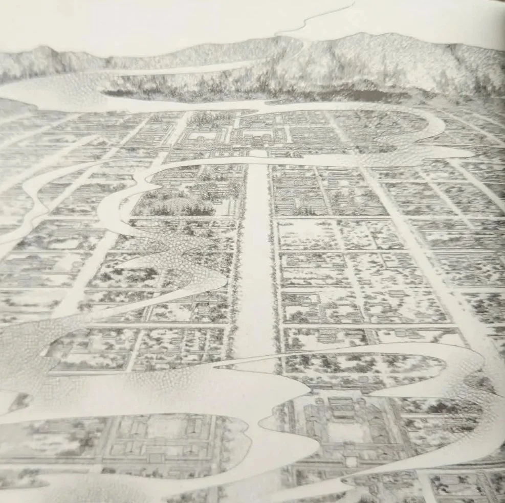 Smoke wafts over an aerial view of Heian-kyo