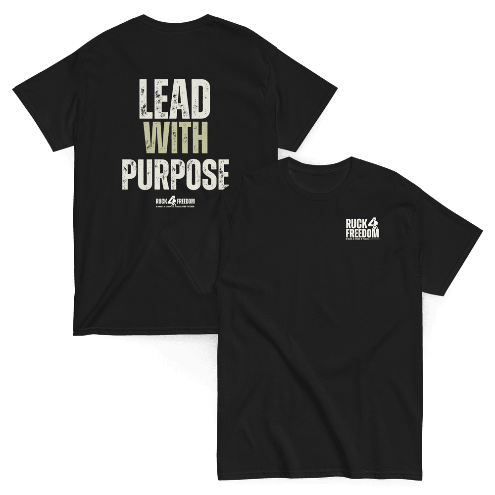Black Ruck 4 Freedom shirt showing the small front logo and Lead With Purpose design on the back