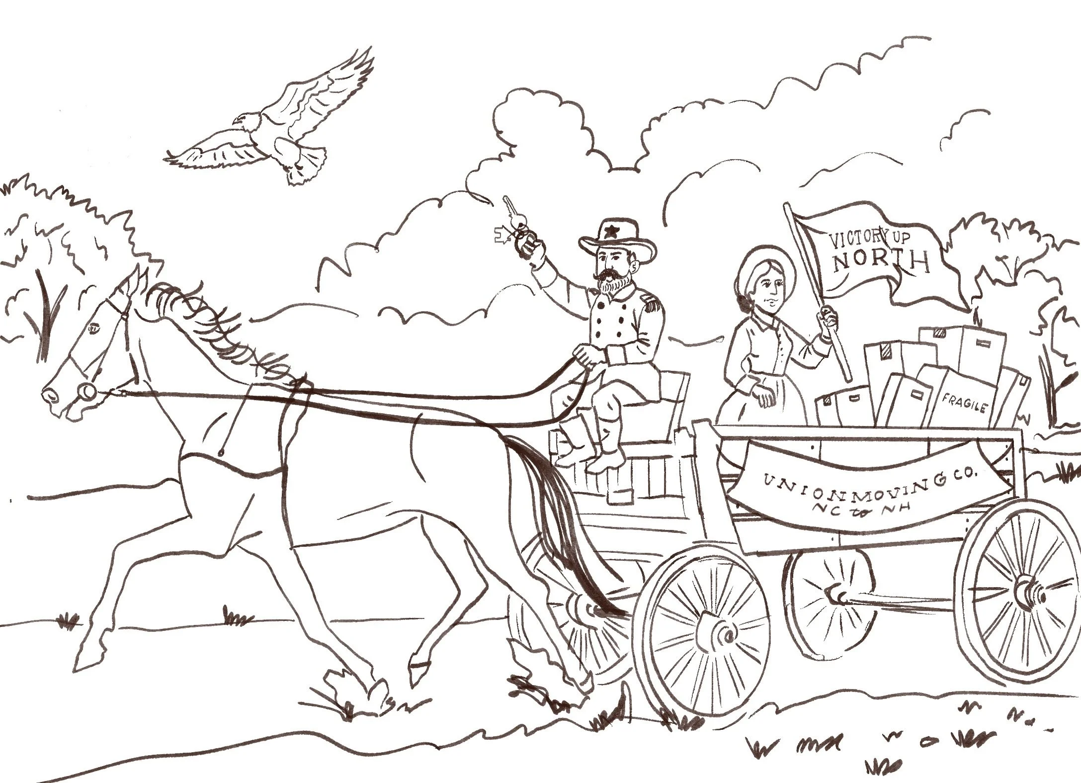 Initial concept sketch for a custom North vs. South moving announcement illustration. Hand-drawn line art references Civil War-era political cartoons and vintage Americana imagery.