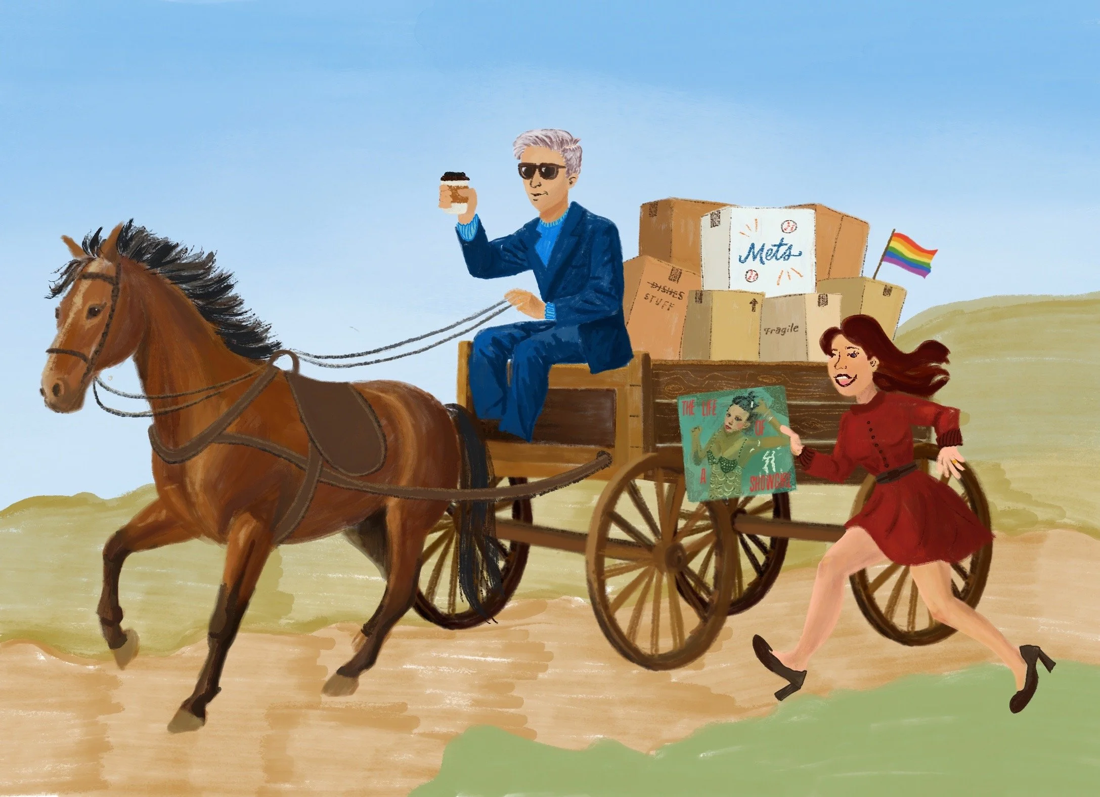 Concept refinement stage of a custom moving announcement illustration. Modern couple in a horse-drawn wagon with symbolic moving boxes, political references.