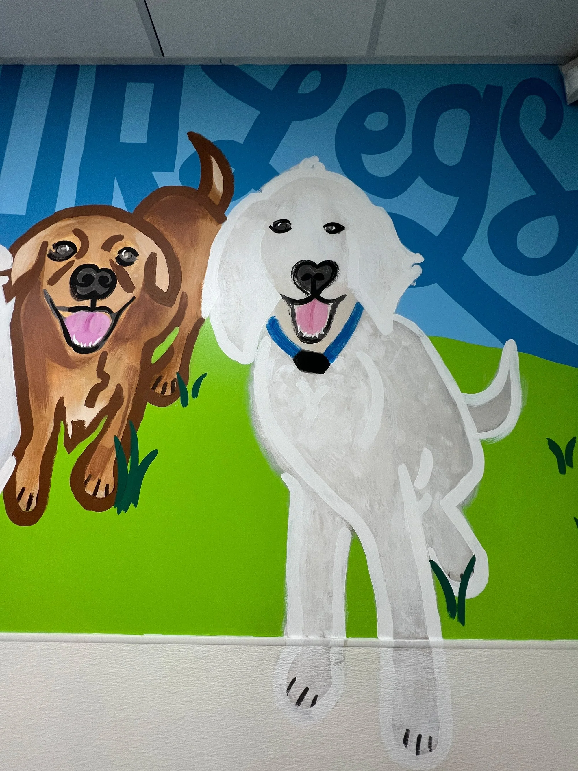 A colorful mural of two happy dogs, one brown and one white, on a grassy field with a blue sky background.