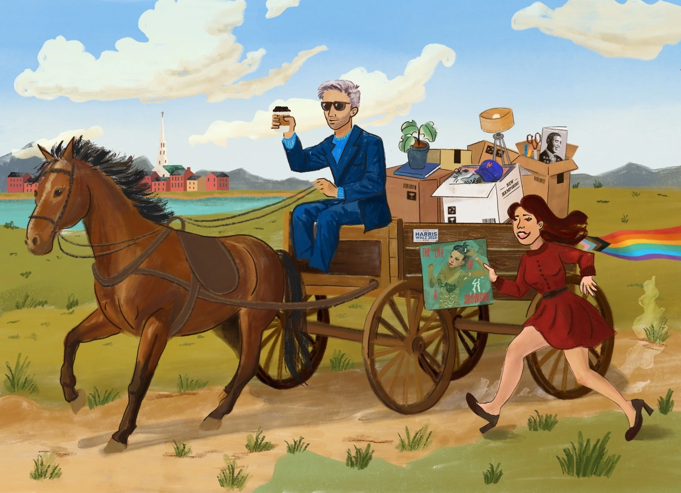 Custom illustrated moving announcement in a vintage Americana postcard style.