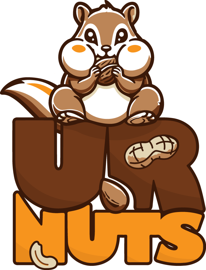 A cartoon squirrel holding an acorn, sitting on a large letter 'Q' and the word 'NUTS' in bold orange and brown letters.