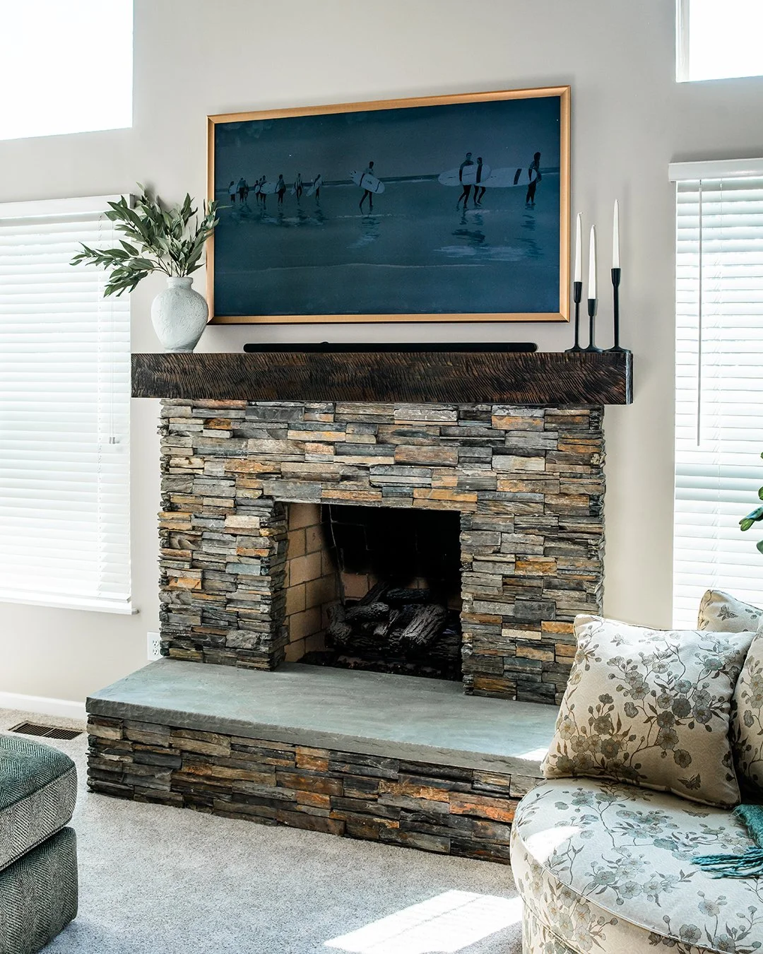 Stone Fireplace with Stained Wood Mantle
