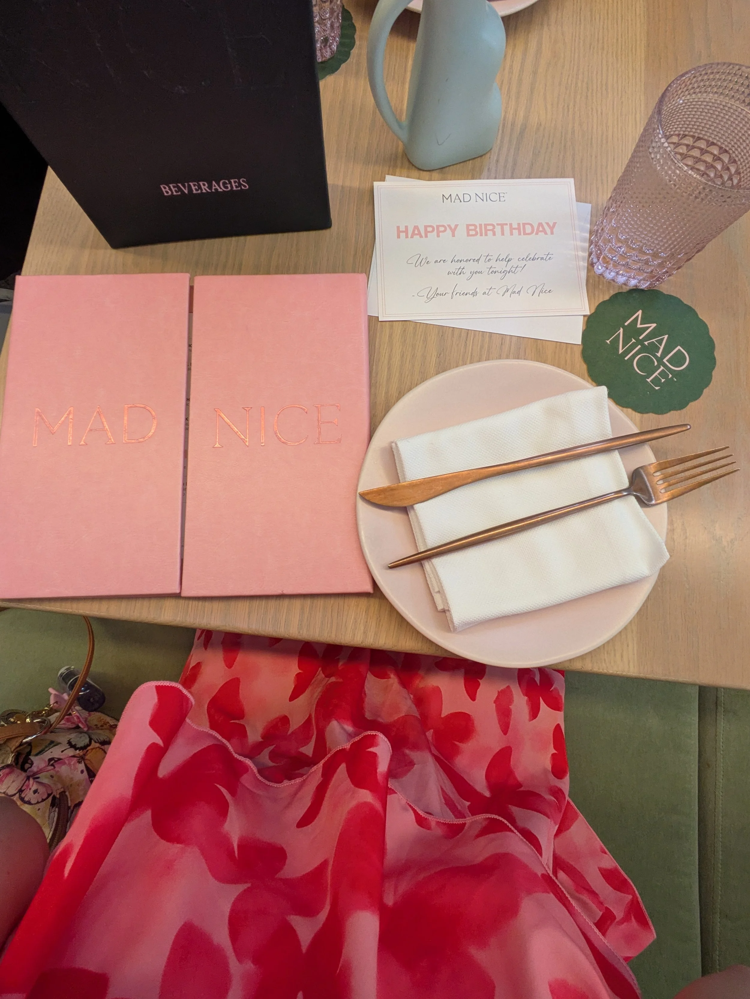 Pink Menu, Glass, and Birthday Note