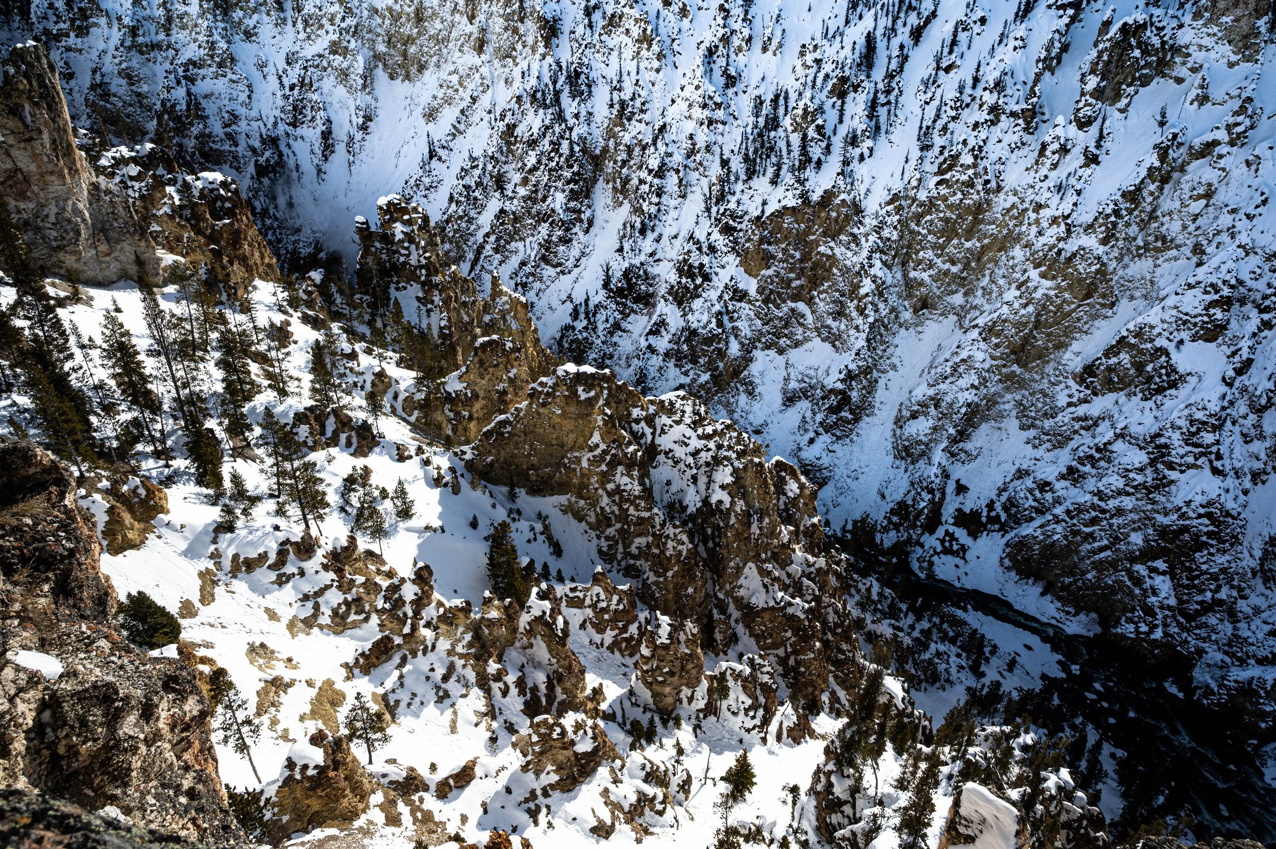 Snow-covered rocky mountain slope with sparse pine trees and steep cliffs.
