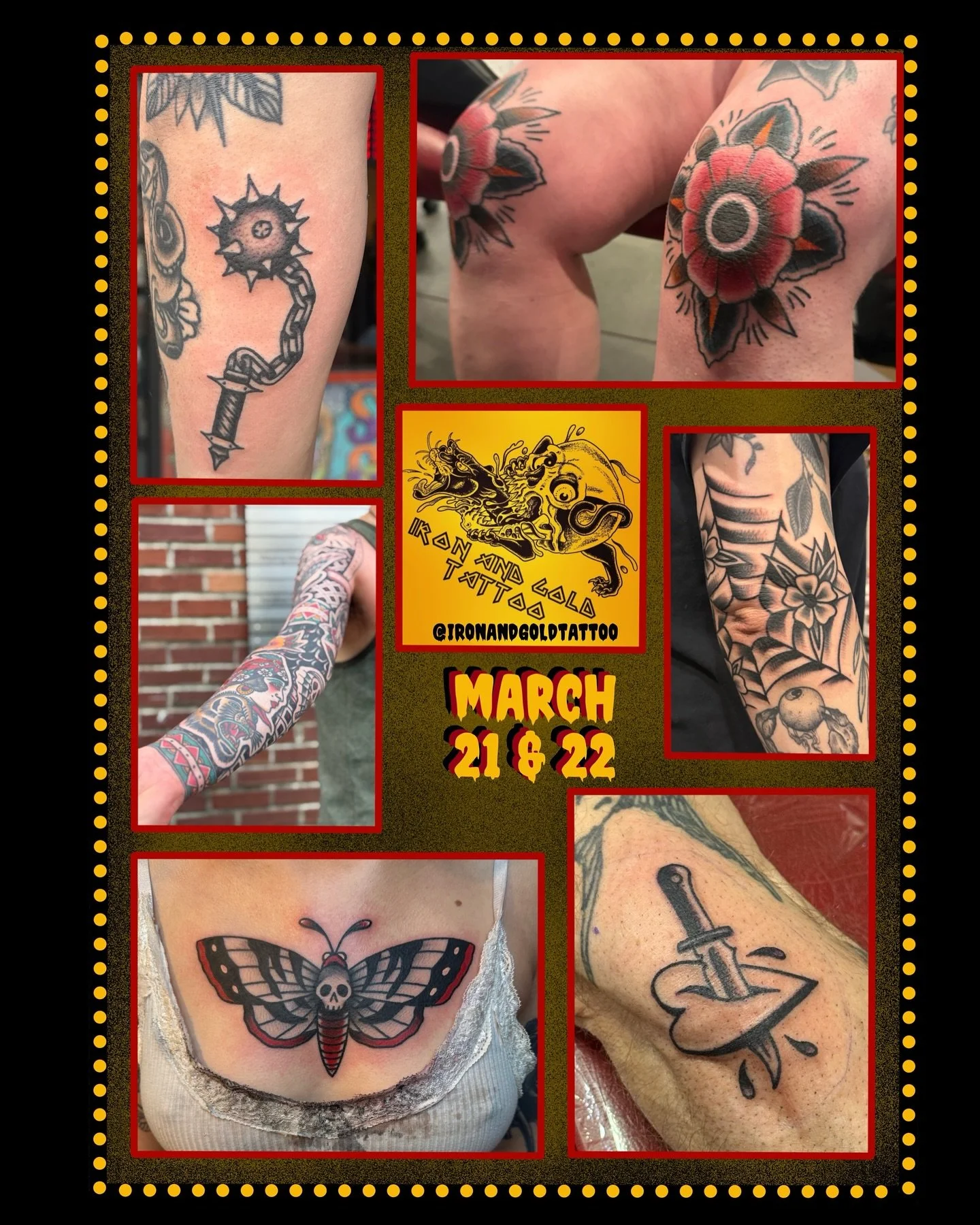Going to be at @ironandgoldtattoo this upcoming Fri March 21st &amp; Sat 22nd here in Spokane, WA and have a bunch of flash designs available
✨
DM me with interest or inquiries about getting tattooed
✨
I will be there with @zacktaylortattoos so check
