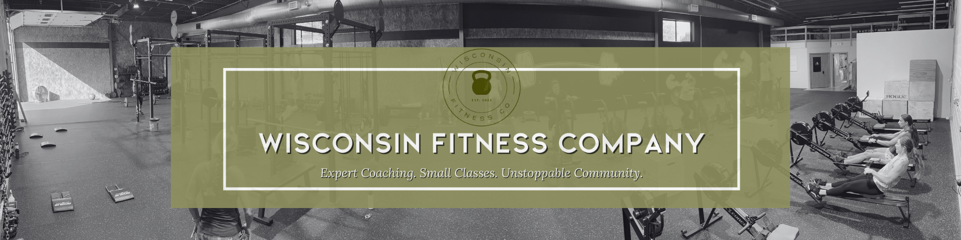 Interior of a gym with people exercising on rowing machines and weightlifting equipment, overlaid with a green banner displaying the Wisconsin Fitness Company logo, name, and slogan.