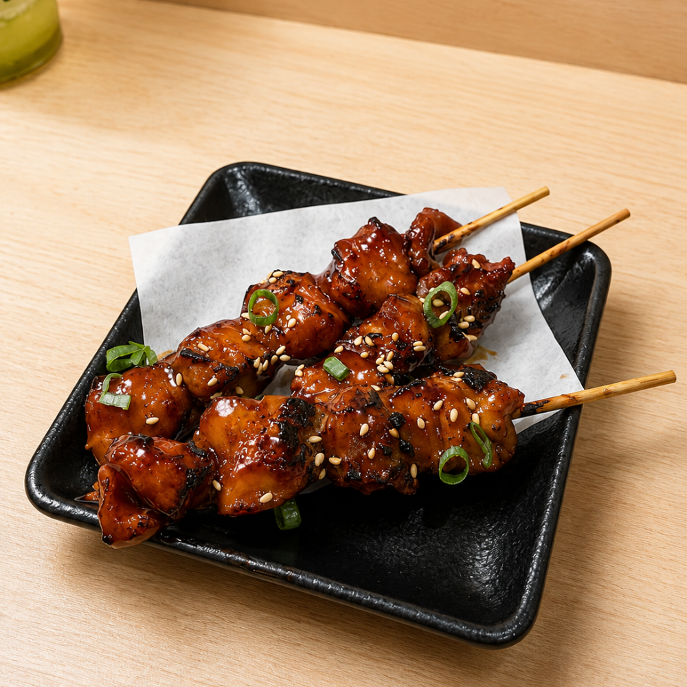 CHICKEN YAKITORI, Grilled thigh skewers glazed in tare sauce, smoky and savoury.