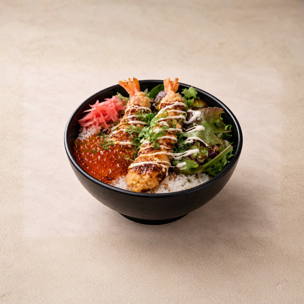 IKURA PRAWN, Prawn tempura. Salmon roe. Fresh salad. Unagi mayo drizzle.