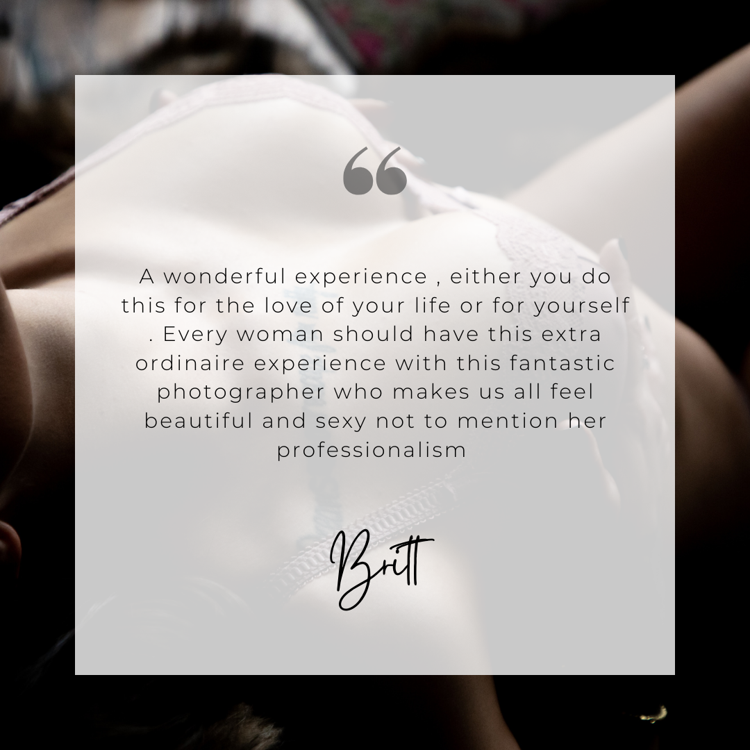 A quote overlay on a photograph of a woman in white attire, emphasizing a positive experience with a photographer, signed by Brett.