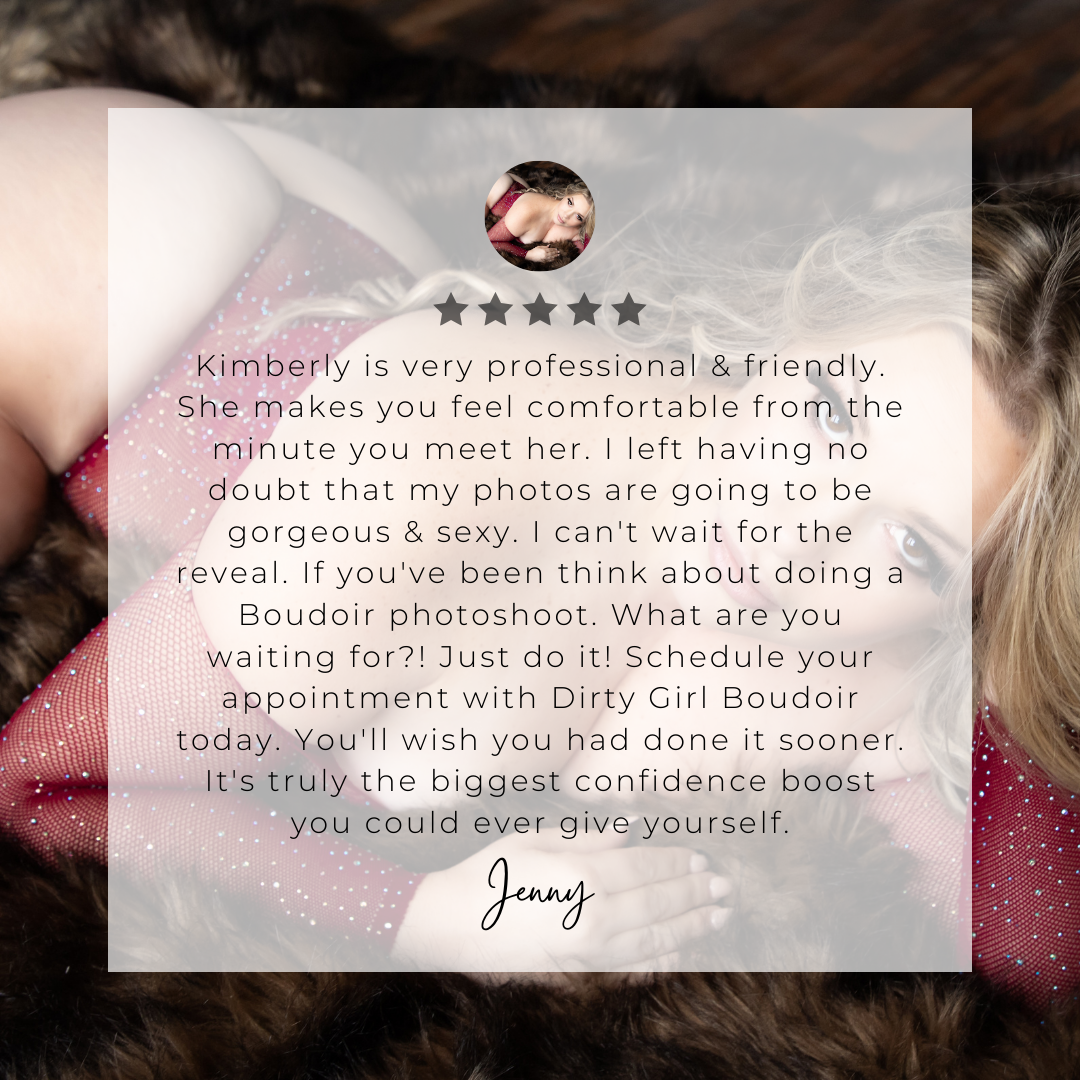 Customer review for Kimbery's boudoir photography services, praising her professionalism, friendliness, and confidence boost from the photoshoot.