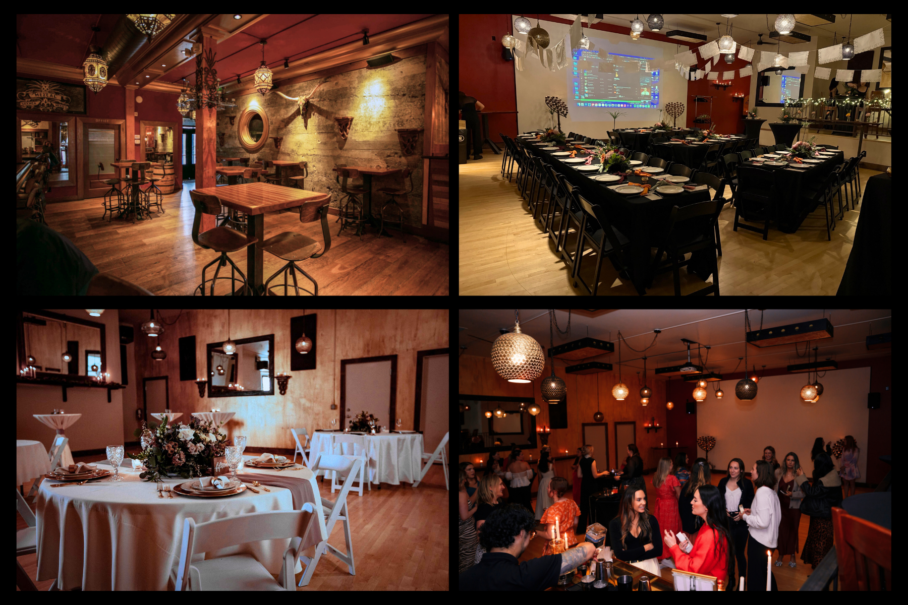 A collage of four images showing different event spaces and gatherings. The top left shows a cozy, dimly lit bar or lounge with wooden furniture and decorative lighting fixtures. The top right depicts a formal banquet room with a long table set with plates, glasses, and floral centerpieces, with a large screen and hanging decorations. The bottom left features a dining area with round tables draped in white tablecloths, elegant place settings, and floral arrangements. The bottom right captures a lively social event or party with guests mingling, warm lighting, hanging lanterns, and a bar counter.