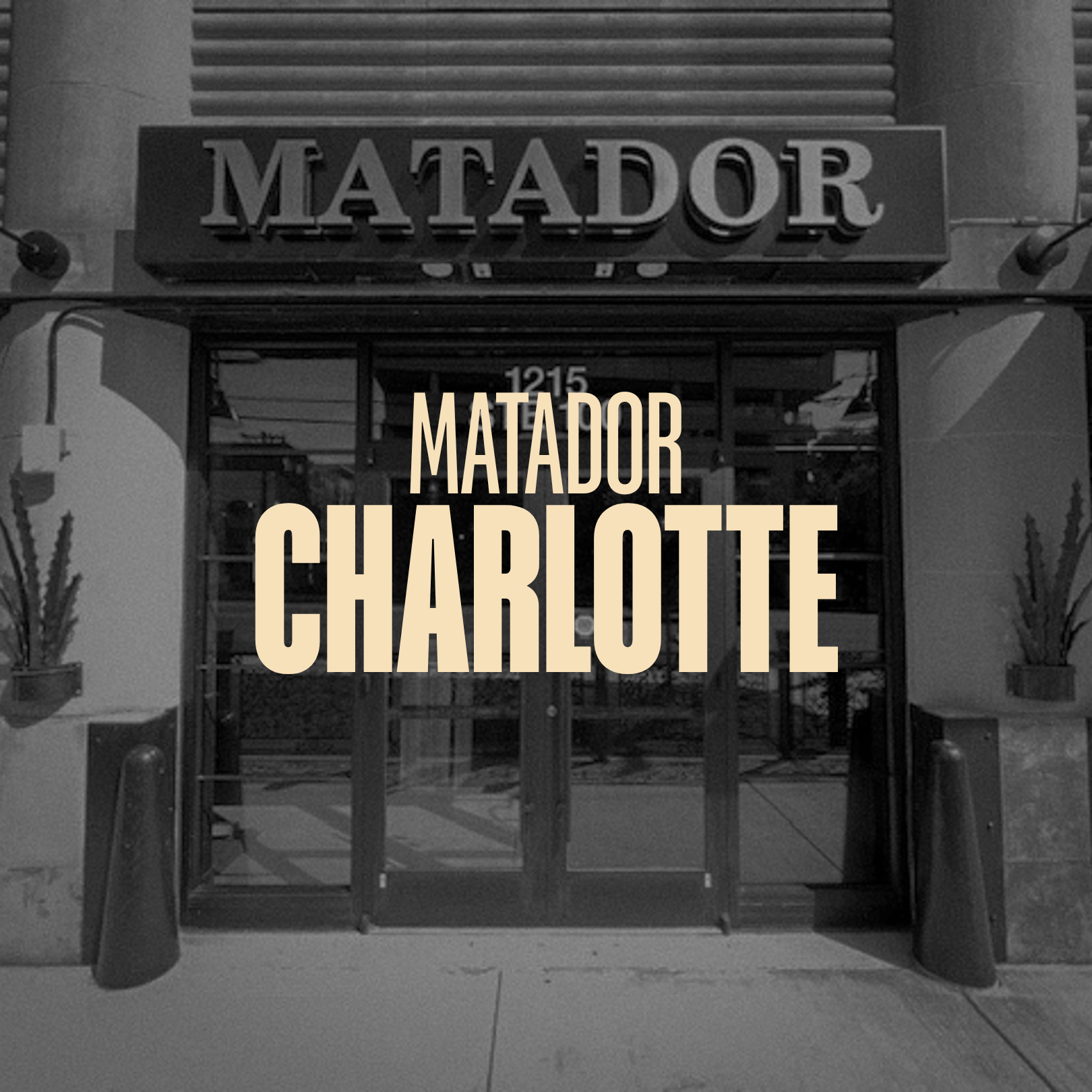 Black and white photo of the entrance to a restaurant named Matador Charlotte, with plants on either side of the door, and the address 1215 visible above the door.