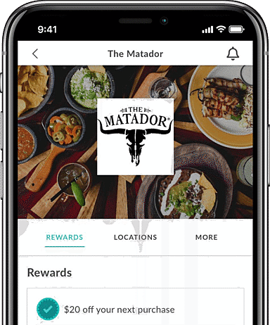 Mobile app screen displaying 'The Matador' with a logo featuring a bull's skull, and rewards section offering $20 off next purchase, surrounded by images of food items.