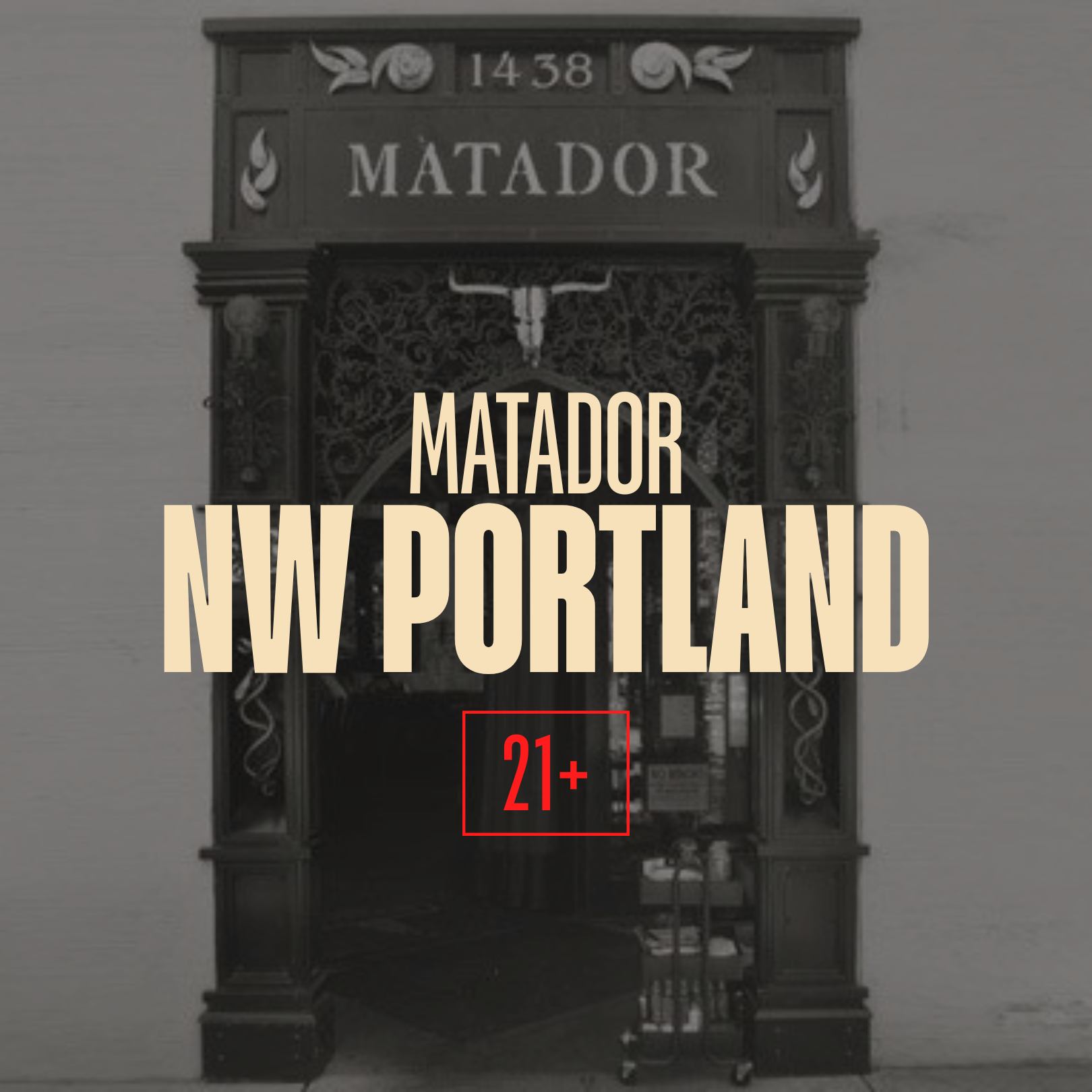 Black ornate kiosk with the word 'Matador' on a sign at the top, situated in Portland, Oregon, with the text 'Matador NW Portland 21+' overlaid.