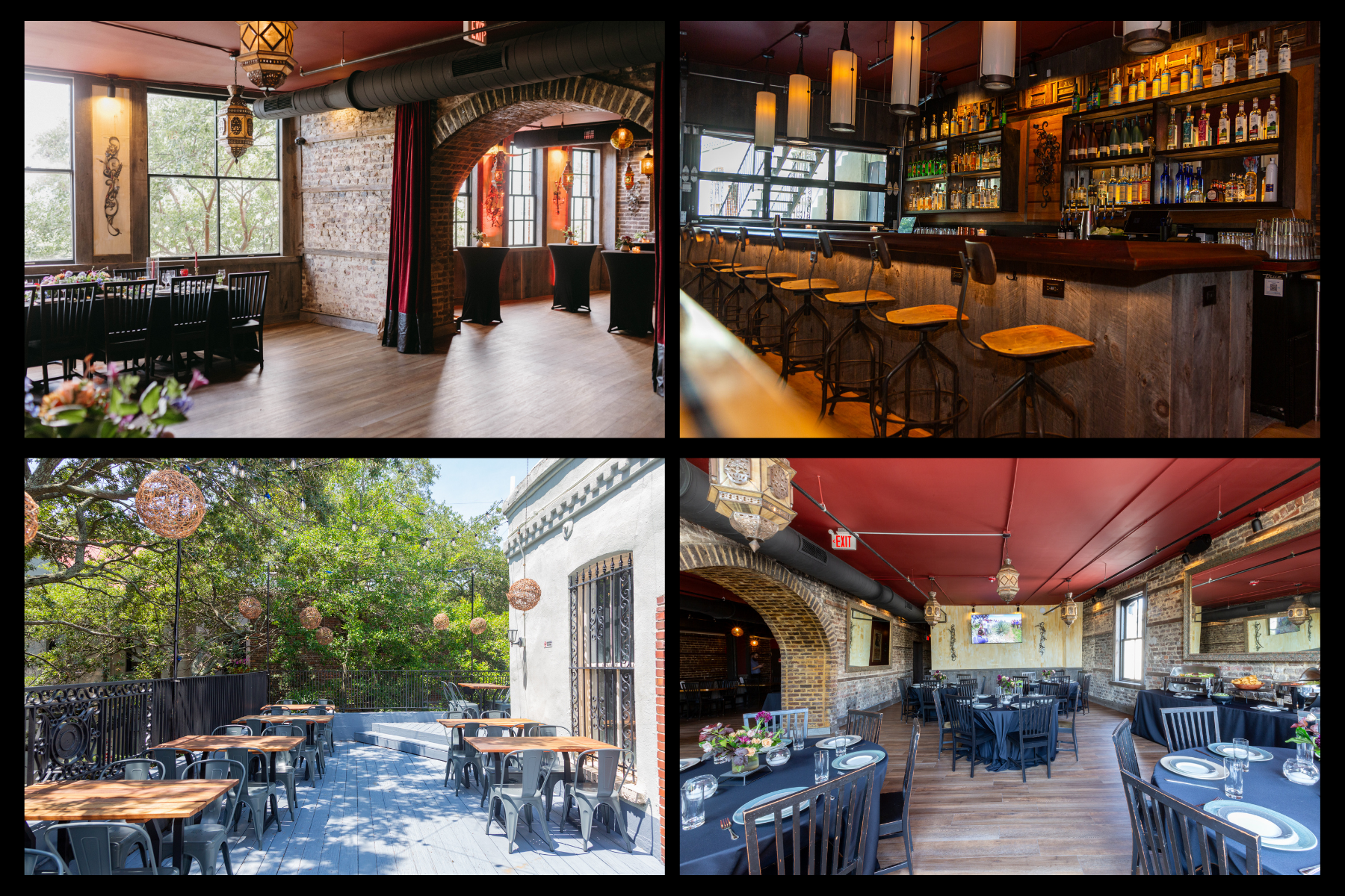 Four images of a restaurant interior and exterior. Top left: a spacious dining area with large windows, wooden floors, and brick walls. Top right: a bar with bottles on shelves, wooden stools, and pendant lighting. Bottom left: an outdoor balcony with wooden tables and greenery. Bottom right: a dining room with round tables, black tablecloths, and brick walls with windows.