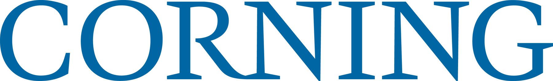 Close-up of the word 'CORNING' written in large, bold, blue letters on a black background.