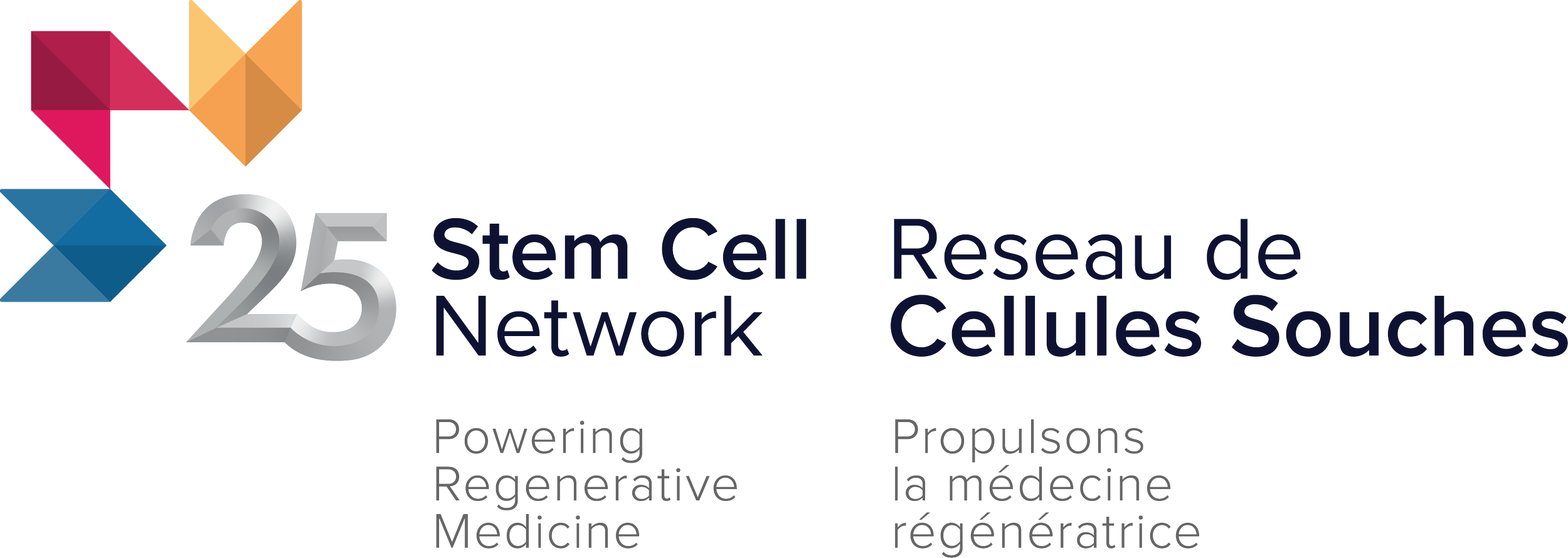 Logo for the 25th Stem Cell Network conference with colorful geometric elements and text in both English and French about regenerative medicine and cell research.