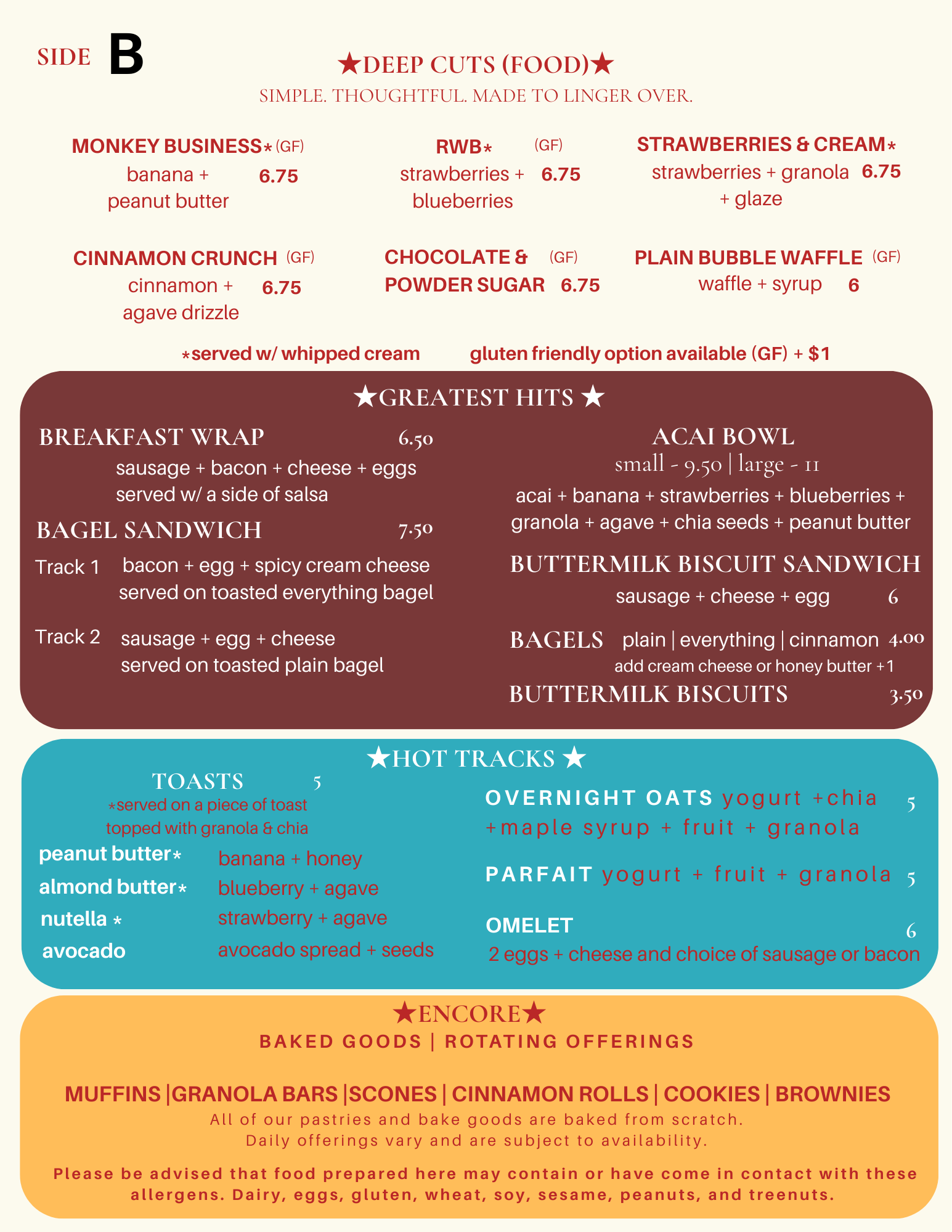Menu section for deep cuts food, including monkey business, cinnamon crunch, strawberries & cream, chocolate & powder sugar, and plain bubble waffle. Also includes popular items such as breakfast wrap, bagel sandwich, acai bowl, buttermilk biscuit sandwich, bagels, buttermilk biscuits, various toasts, overnight oats, parfait, and omelet. Baked goods like muffins, granola bars, scones, cinnamon rolls, cookies, and brownies are listed at the bottom.
