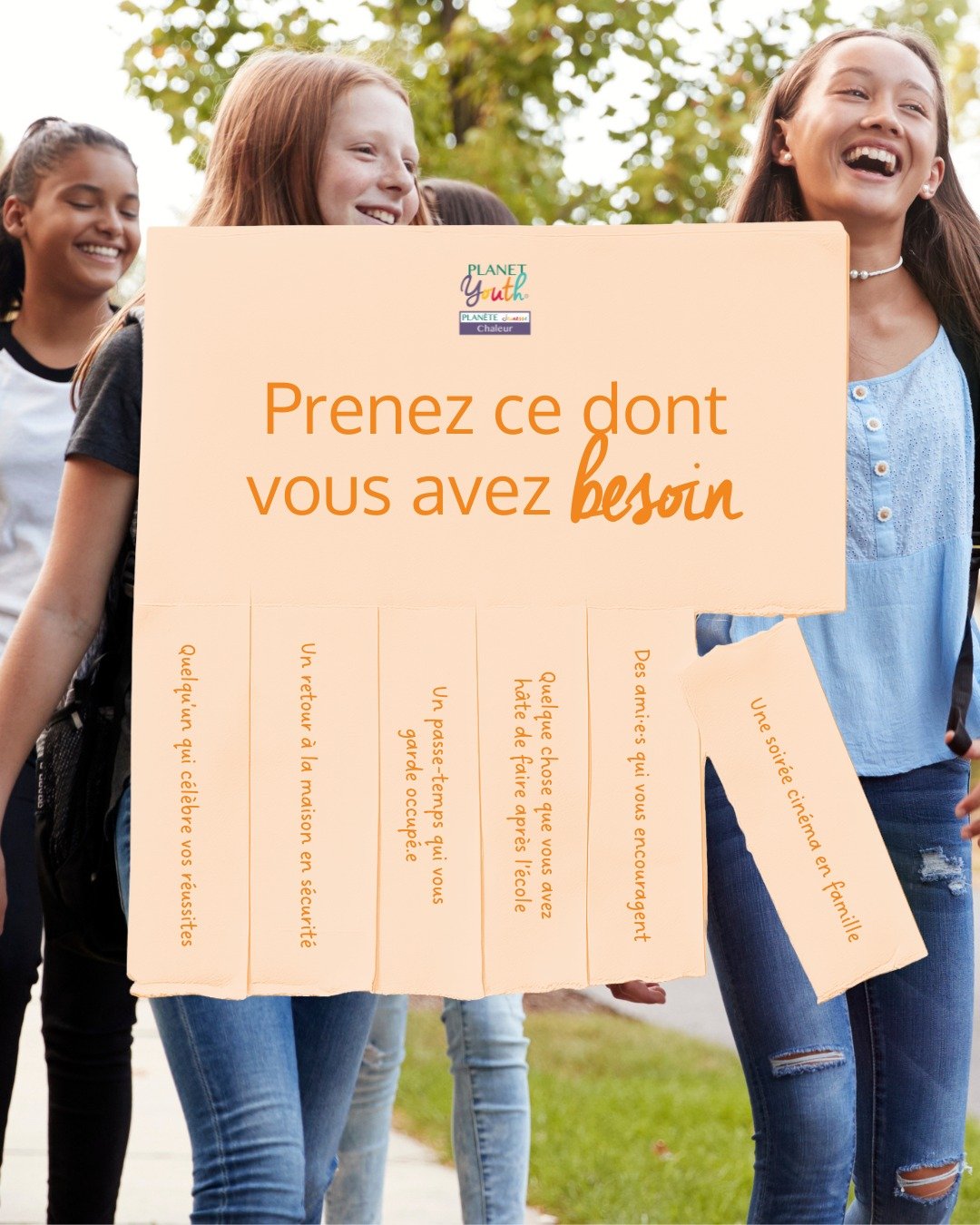 Prenez ce dont vous avez besoin 💛

La pr&eacute;vention prend forme lorsque les jeunes ont acc&egrave;s &agrave; du soutien, &agrave; un bon accompagnement, &agrave; des espaces s&eacute;curitaires, &agrave; des occasions de s&rsquo;engager et &agra