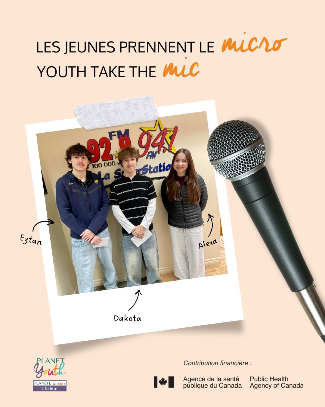 Planet Youth Chaleur partnered with the BHS Marketing class to create a radio ad based on the survey results. Dakota and Eytan&rsquo;s script was selected 👏

They recorded their message at The Wave 104.9 FM and La SuperStation 92.9 FM, with support 