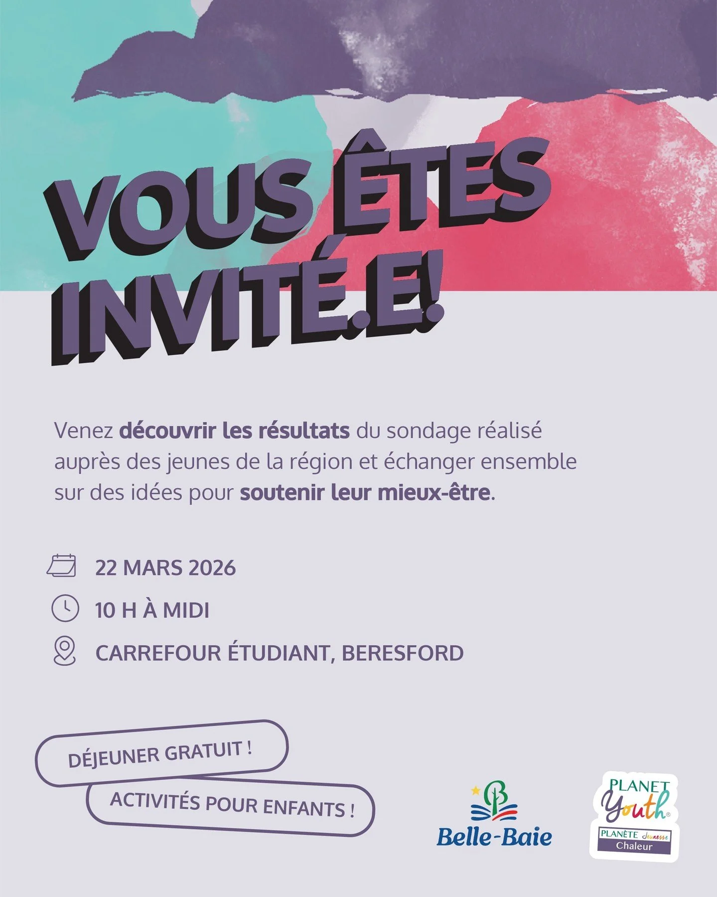 English description in comments

Plan&egrave;te Jeunesse Chaleur, en collaboration avec Belle-Baie en action, est heureuse d&rsquo;inviter la communaut&eacute; &agrave; un moment important pour nos jeunes et notre communaut&eacute; : la diffusion des