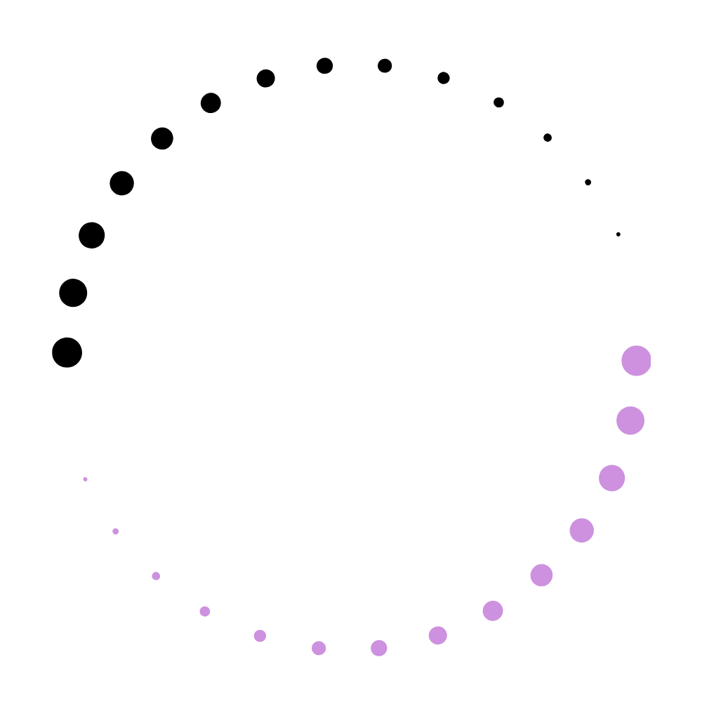 Illustration of a stylized owl face with black and white details and purple dots forming a circle around it.