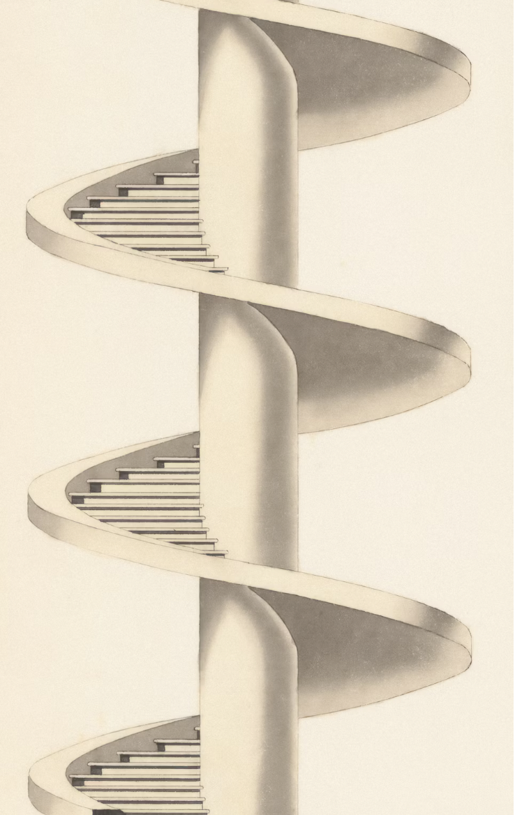 A black and white drawing of a spiral staircase wrapping around a central column.