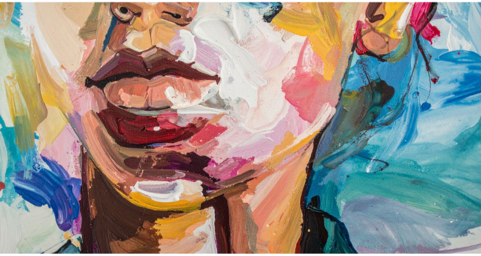 Close-up of an abstract painting of a woman's face, focusing on her lips and part of her nose, with vibrant colors and bold brushstrokes.