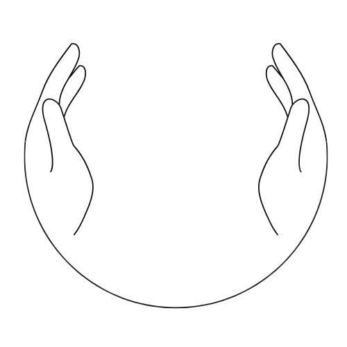 Outline of two hands facing inward, forming a semicircular shape.