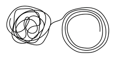A tangled scribble connecting to a neatly drawn circle.
