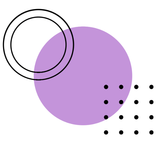 Abstract geometric illustration with overlapping purple circle, two concentric black-outlined circles, and black dots arranged in two groups.