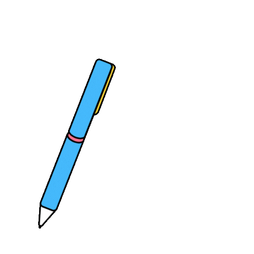 Stylized illustration of a blue pen with a yellow clip and pink accent on a gray background.