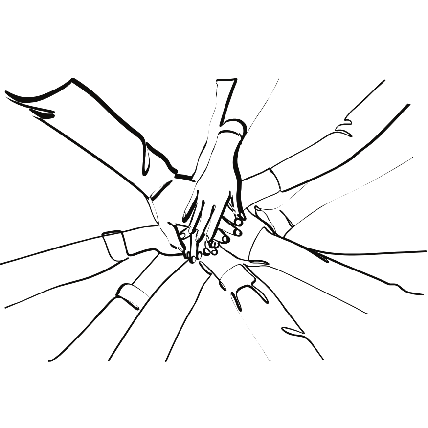 Outline illustration of multiple hands stacked in the center, symbolizing unity and teamwork.