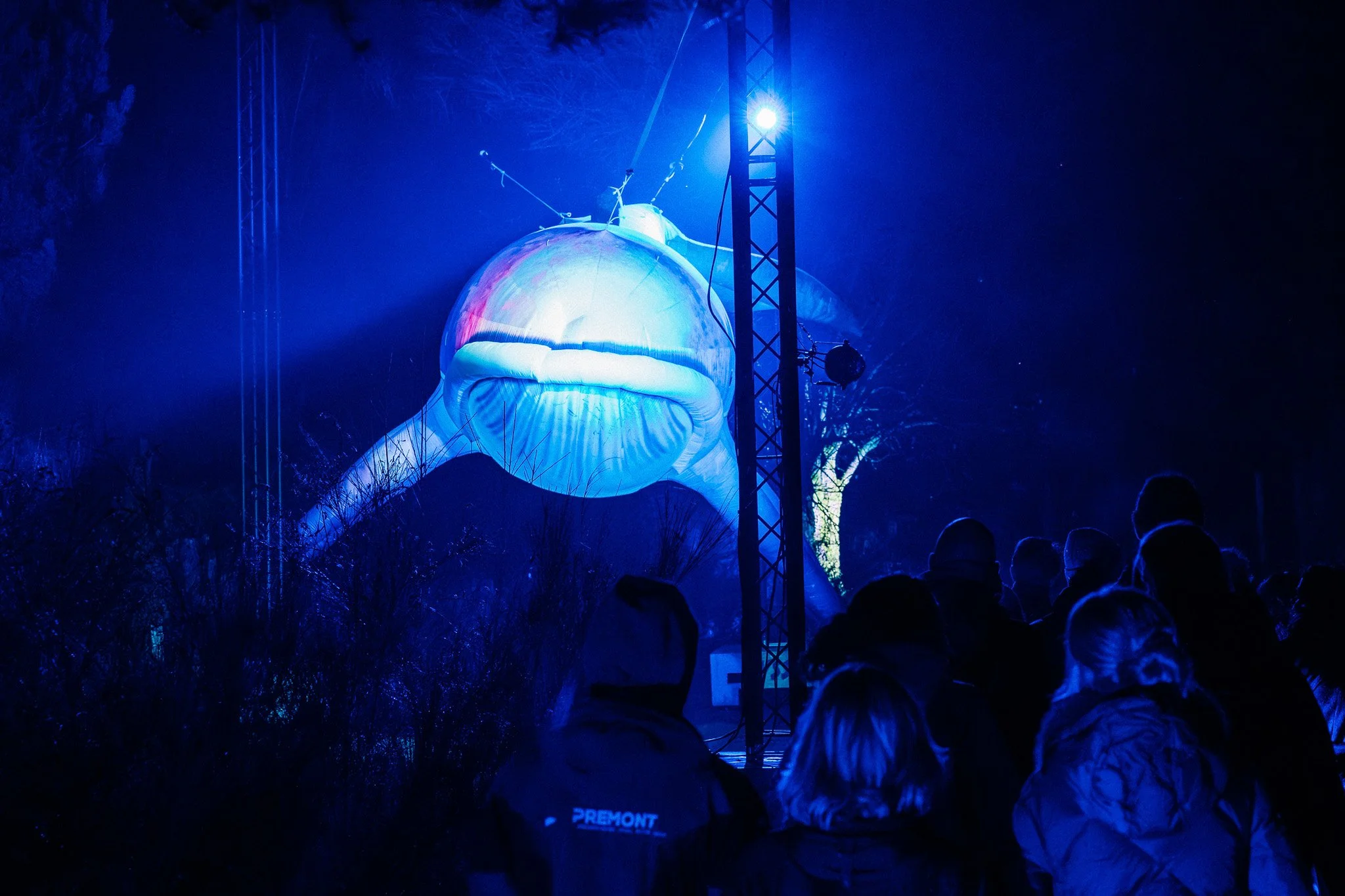 Een grote, met blauw licht verlichte kwal in een donkere omgeving, met silhouetten van mensen op de voorgrond.