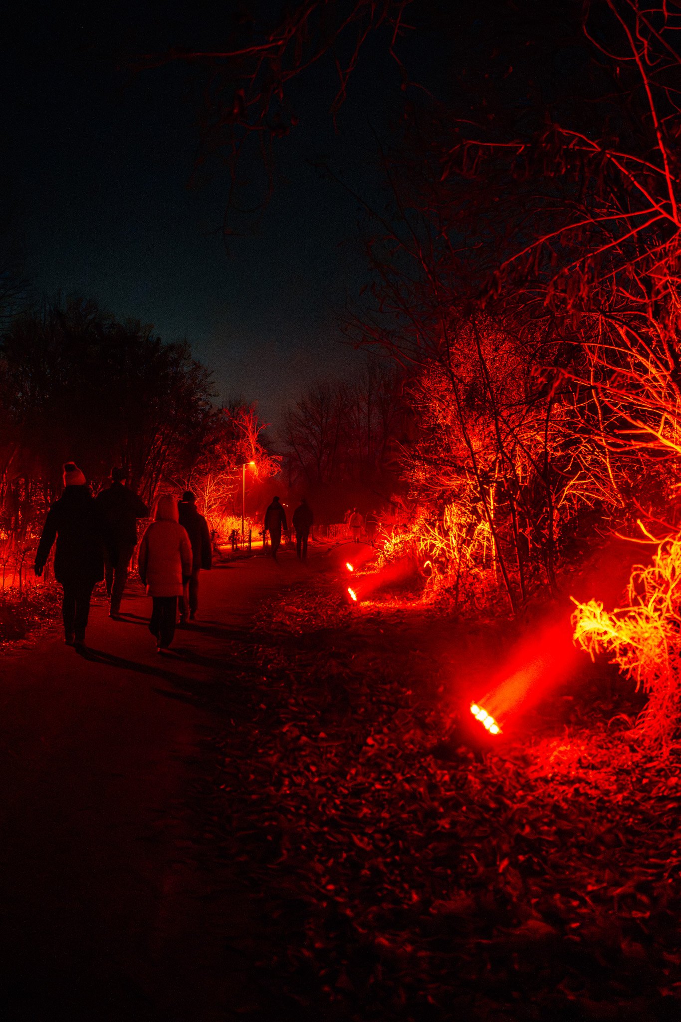 Mensen wandelen 's nachts langs een pad verlicht door rode lichten, omgeven door bomen
