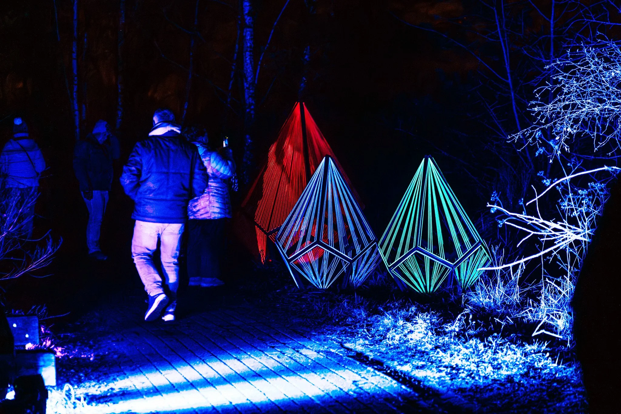Mensen die naar verlichte kunstwerken in een nachtelijke buitenexpositie kijken, met neonachtige geometrische structuren en blauwe verlichting rondom.