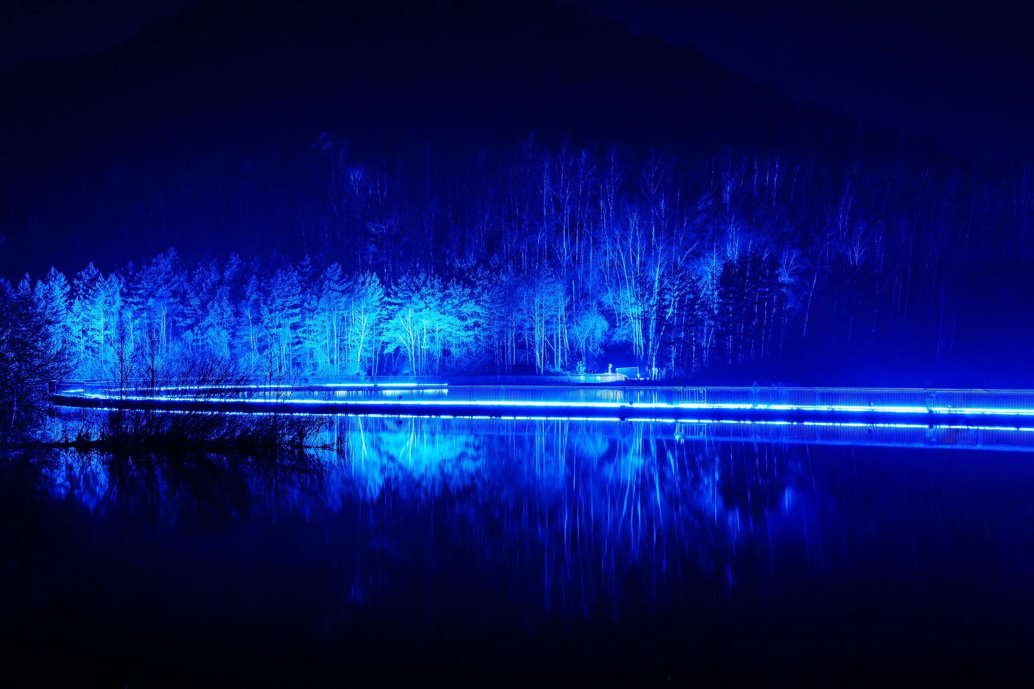 Een donker naaktlandschap met een riviertje en een bos dat verlicht is met blauwe lichten, reflecterend in het water.