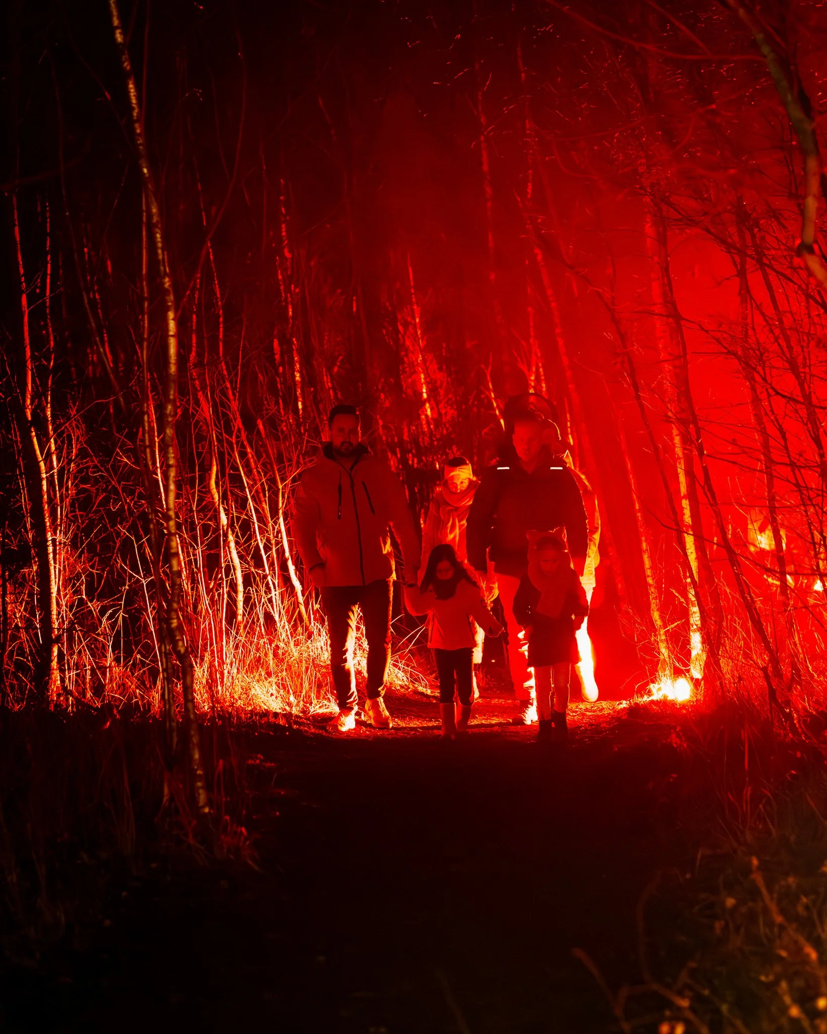 Drie mensen wandelen door een bos met oranje en rode lichten die de takken verlichten, 's nachts.