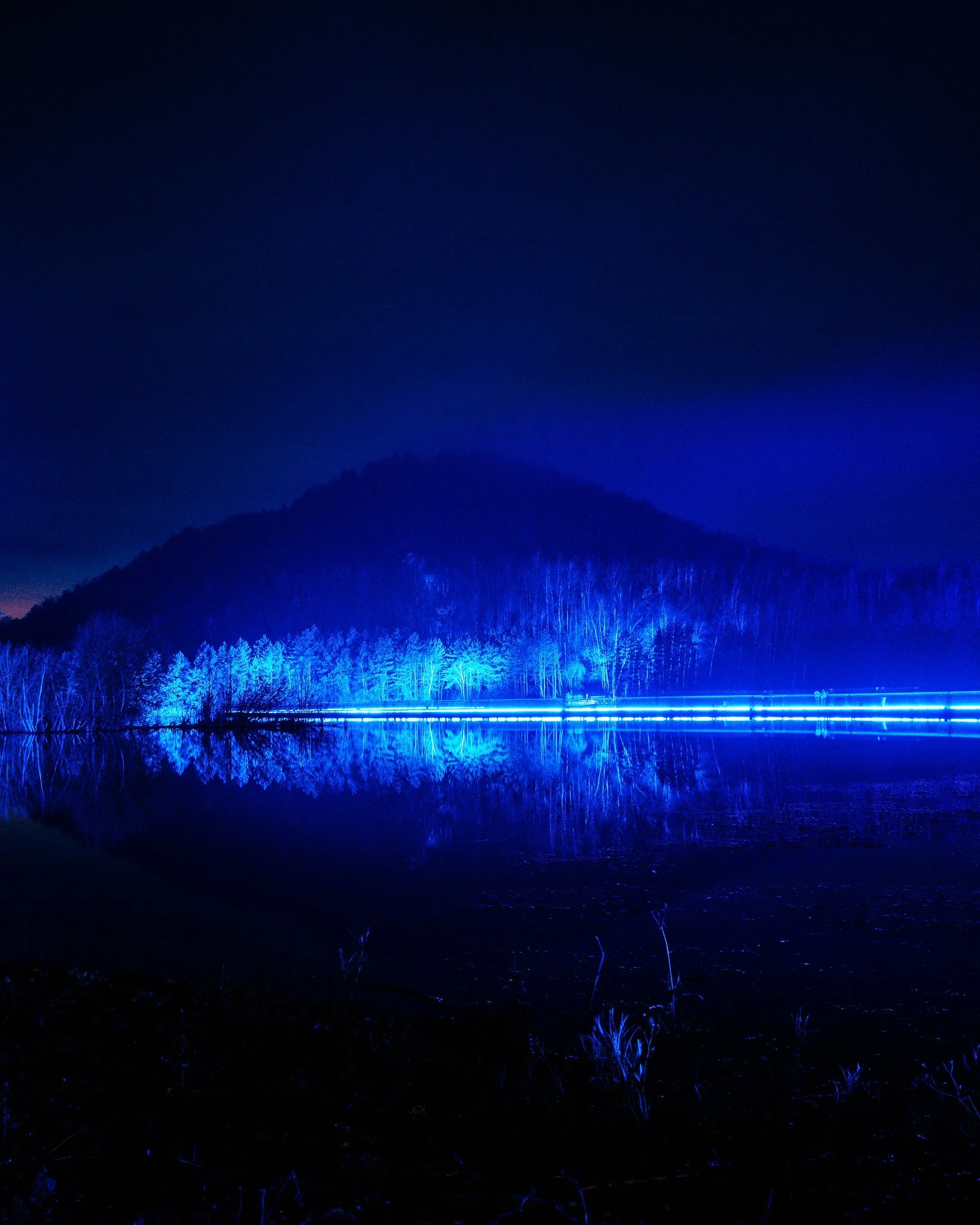 Een berglandschap bij nacht met blauwe verlichting op de bomen en de horizon, en een reflectie in het water.