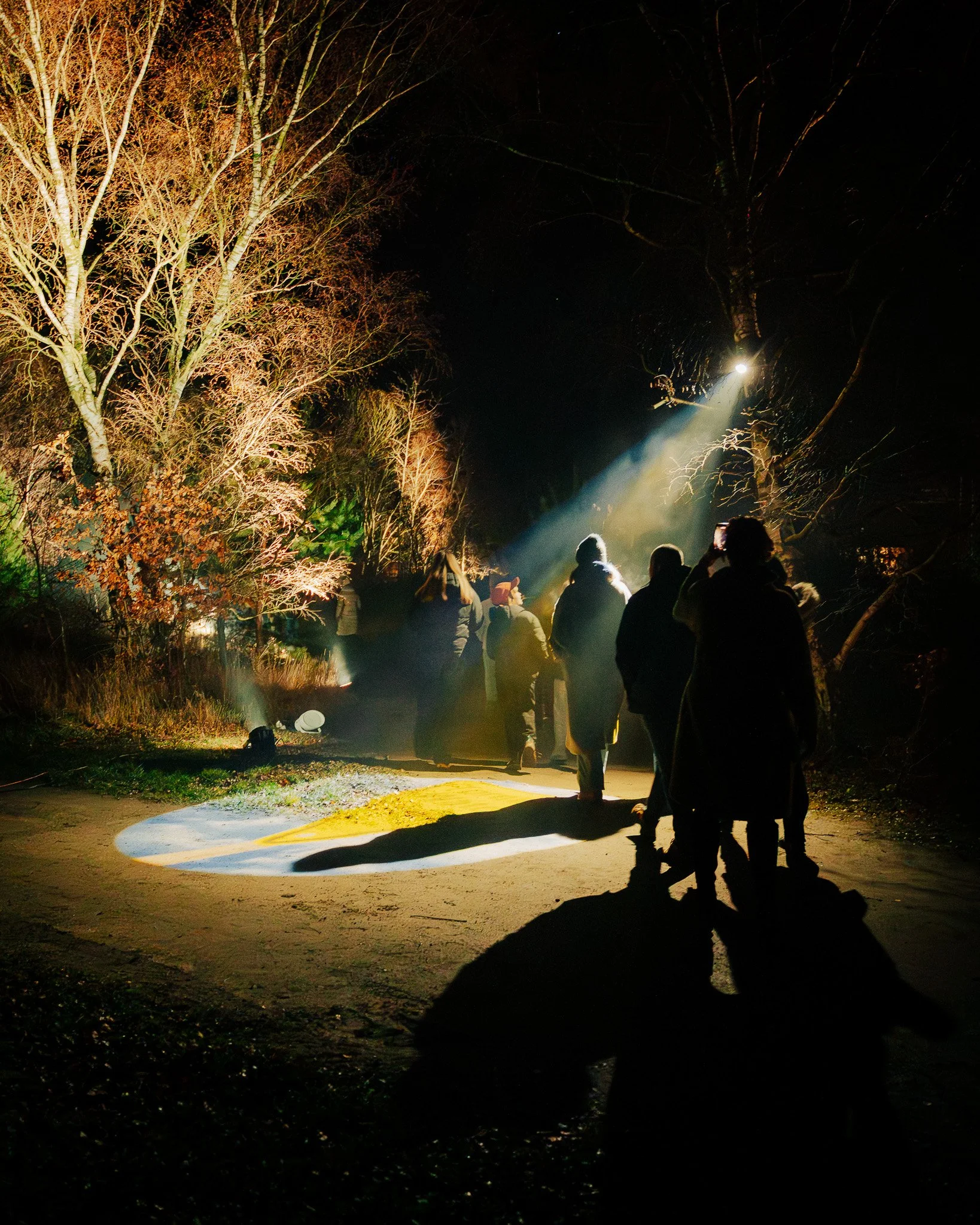 Mensen staan op een open plek in het donker, met een focus op een verlichte plek op de grond waar het licht wordt gespoten door een lamp. Bomen omringen de scène en de mensen kijken naar de lichtplek.