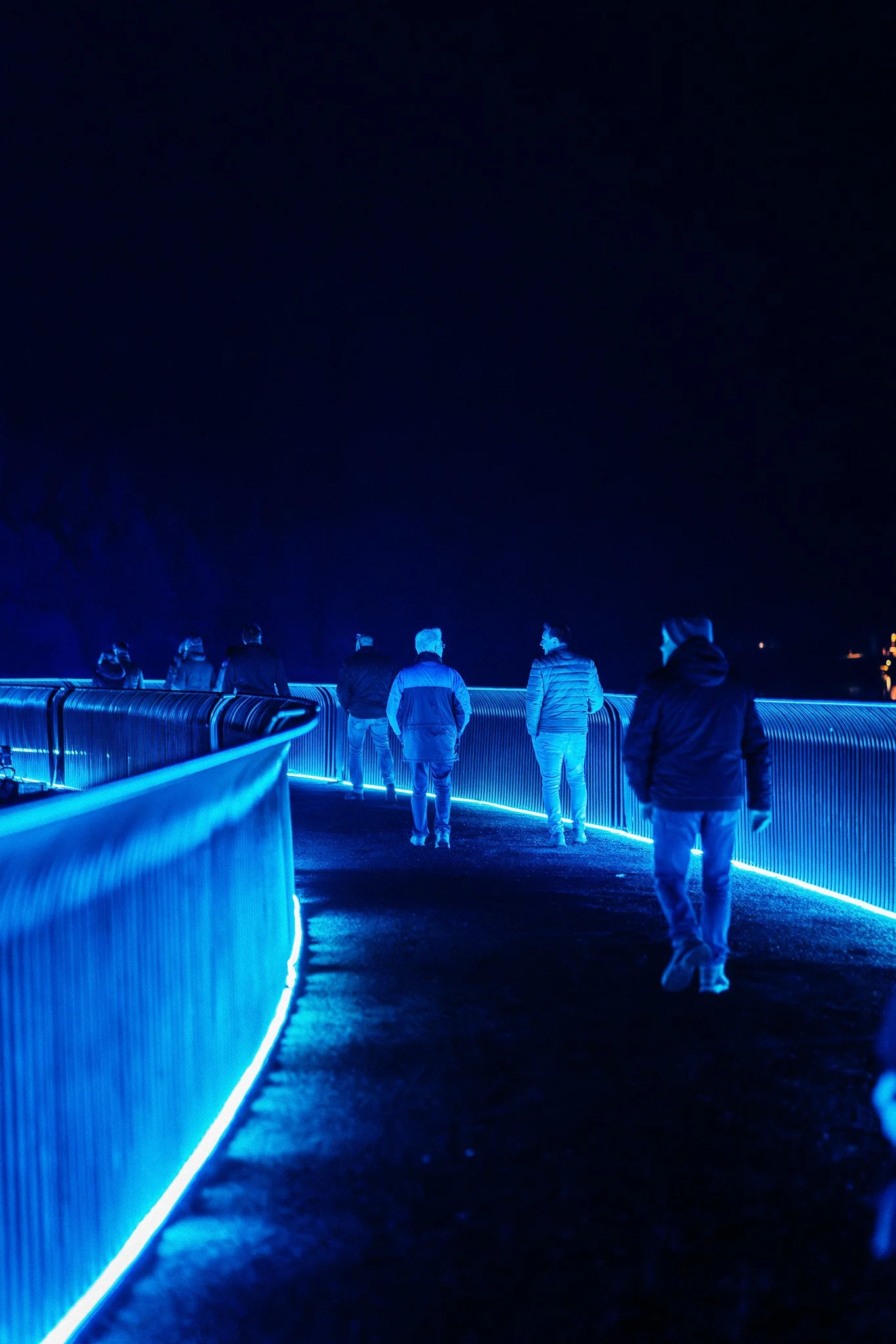 Mensen lopen langs een pad, omgeven door blauwe neonlichten, onder een donkere hemel.